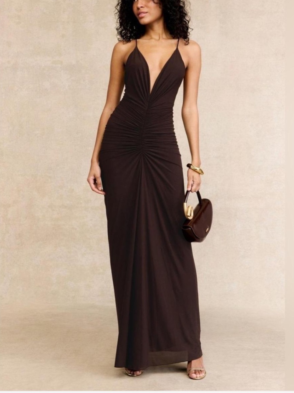 Elegant Deep V-Neck Ruched Brown Maxi Dress